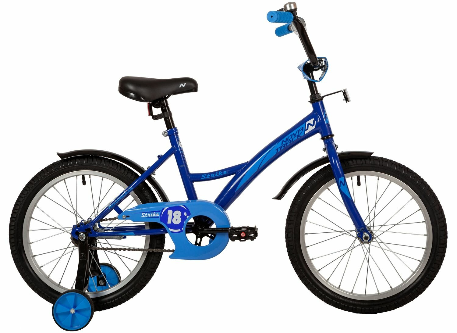 Велосипед NOVATRACK STRIKE 18" (2022) (Велосипед NOVATRACK 18" STRIKE синий, тормоз нож, крылья корот, защита А-тип)