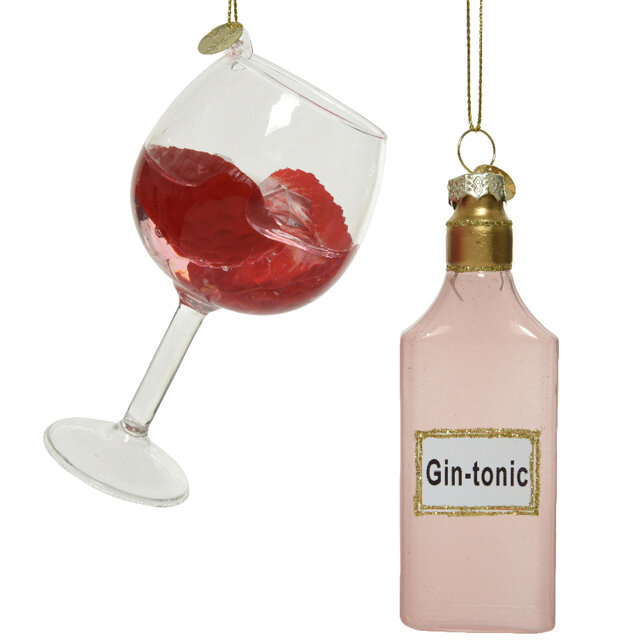 Kaemingk Набор стеклянных елочных игрушек Бутылка и Бокал - Pink Gin Mood 12 см 2 шт подвеска 120545