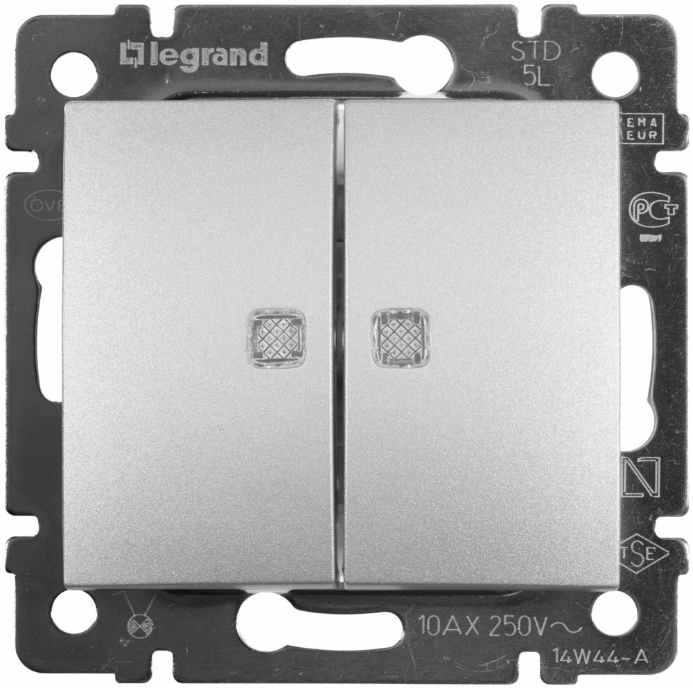 Выключатель Legrand Valena двухклавишный с подсветкой Aluminum 770128 .