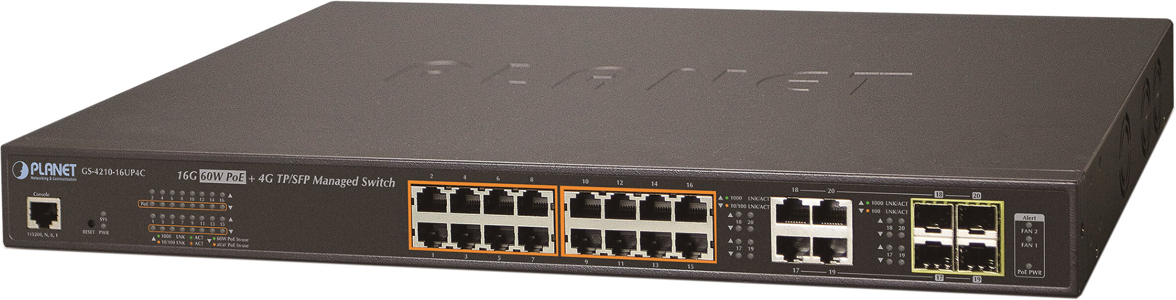 коммутатор/ PLANET IPv6/IPv4, 16-Port Managed 60W Ultra PoE Gigabit Ethernet Switch + 4-Port Gigabit