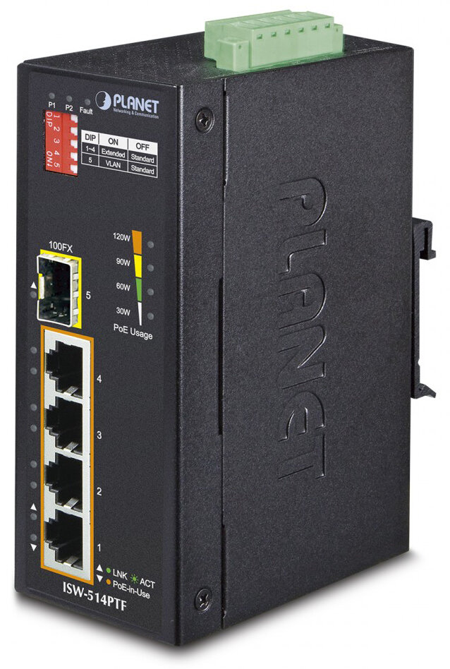 Planet ISW-514PTF индустриальный PoE коммутатор для монтажа в DIN-рейку/ IP30 4-Port/TP + 1-Port Fiber(SFP) POE Industrial Fast Ethernet Switch (-40 to 75 C)