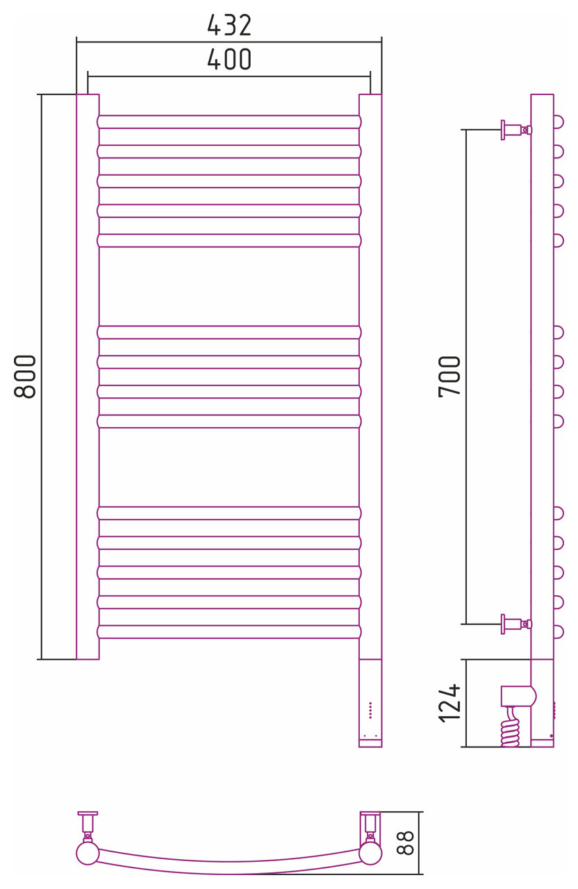 Полотенцесушитель электрический Сунержа Богема 3.0 выгнутая, 800x400, МЭМ правый, матовый чёрный 31-5803-8040 - фотография № 3