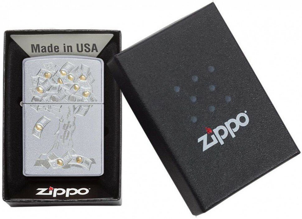 Зажигалка ZIPPO Money Tree Design с покрытием Satin Chrome, латунь/сталь, серебристая, 38x13x57 мм - фотография № 6