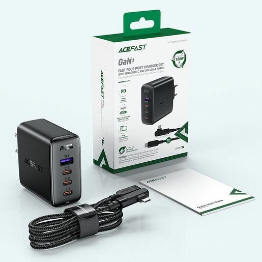 Зарядное устройство сетевое ACEFAST PD100W GaN (3*USB-C+USB-A) charger set (EU). Цвет: черный - фото №4