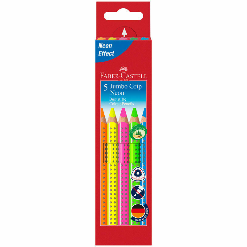 Карандаши цветные Faber-Castell "Jumbo Grip Neon", 05цв., неон, трехгр., утолщ., заточ., картон, европодвес, 286617