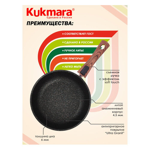 Сковорода KUKMARA Granit ultra original, 24см, 24см, съемная ручка, без крышки, серый [сго242а]