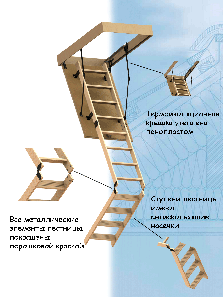 Лестница чердачная складная деревянная OMAN STANDARD С люком 60х120х280 Оман - фотография № 3