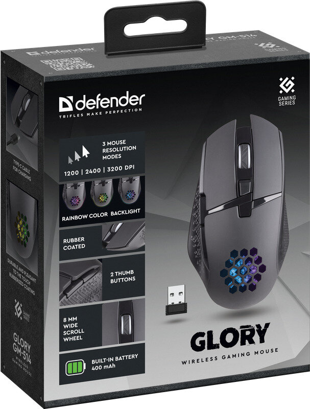 um Беспроводная мышь Defender Glory GM-514, USB,6 кнопок,3200dpi,LED,черный