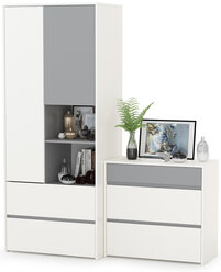 Шкаф для одежды с комодом Торонто, цвет белый шагрень/стальной серый, ШхГхВ 160х53х195,7 см., универсальная сборка