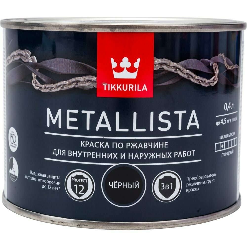 Tikkurila METALLISTA краска по ржавчине 3 в 1 глянцевая черный 04л 700011741 203645