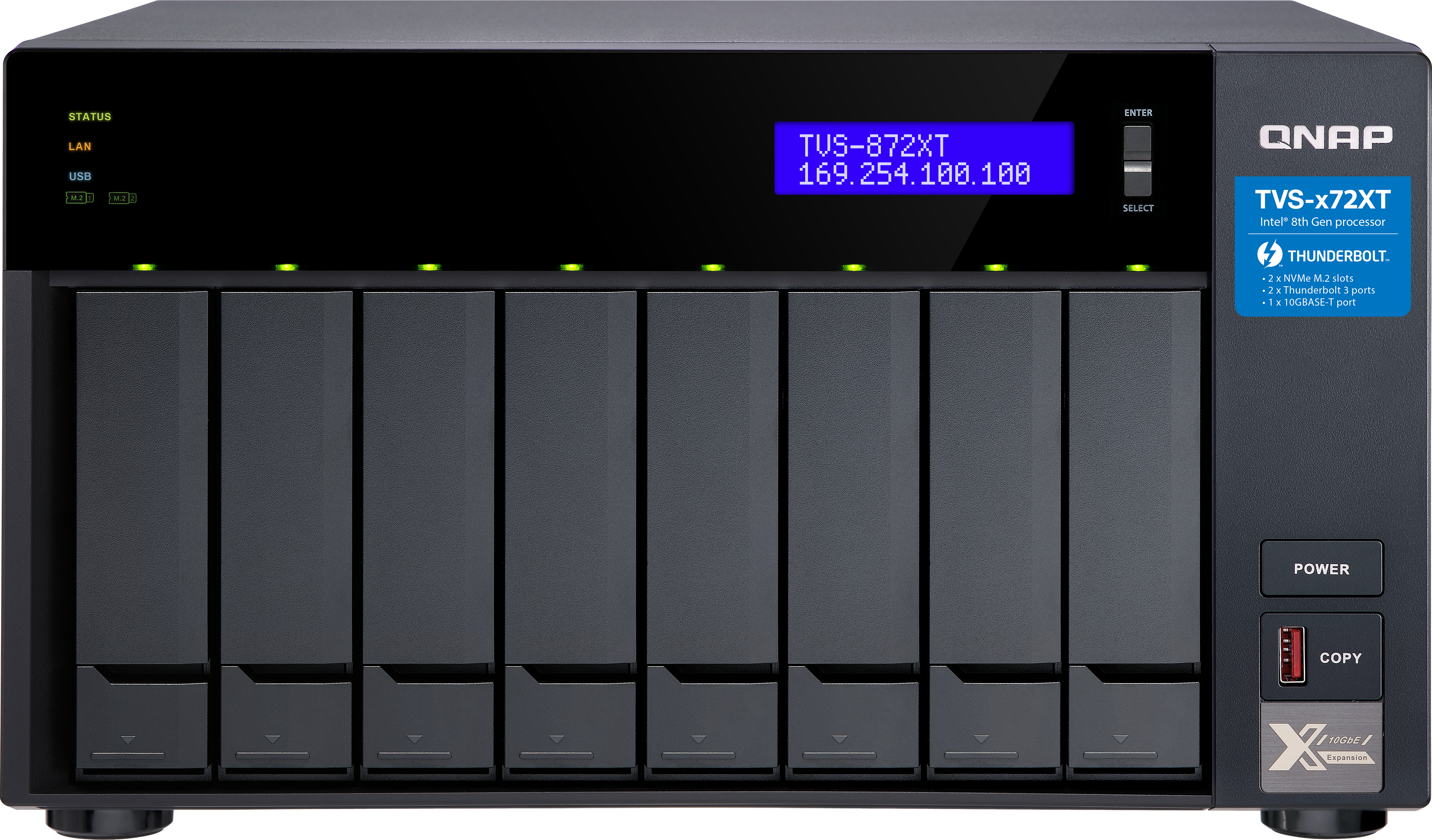 QNAP Сетевое хранилище без дисков SMB QNAP TVS-872XT-i5-16G 8-Bay NAS, Intel Core i5-8400T 6-core 1.7 GHz (up to 3.3GHz), 16GB DDR4 RAM (max 32GB RAM), 8x 2.5"/3.5" SATA HDD/SSD + 2x M.2 PCIe SSD slot, 2xGbE LAN, 1 x 10GBase-T, 2 x Thunderbolt 3 port