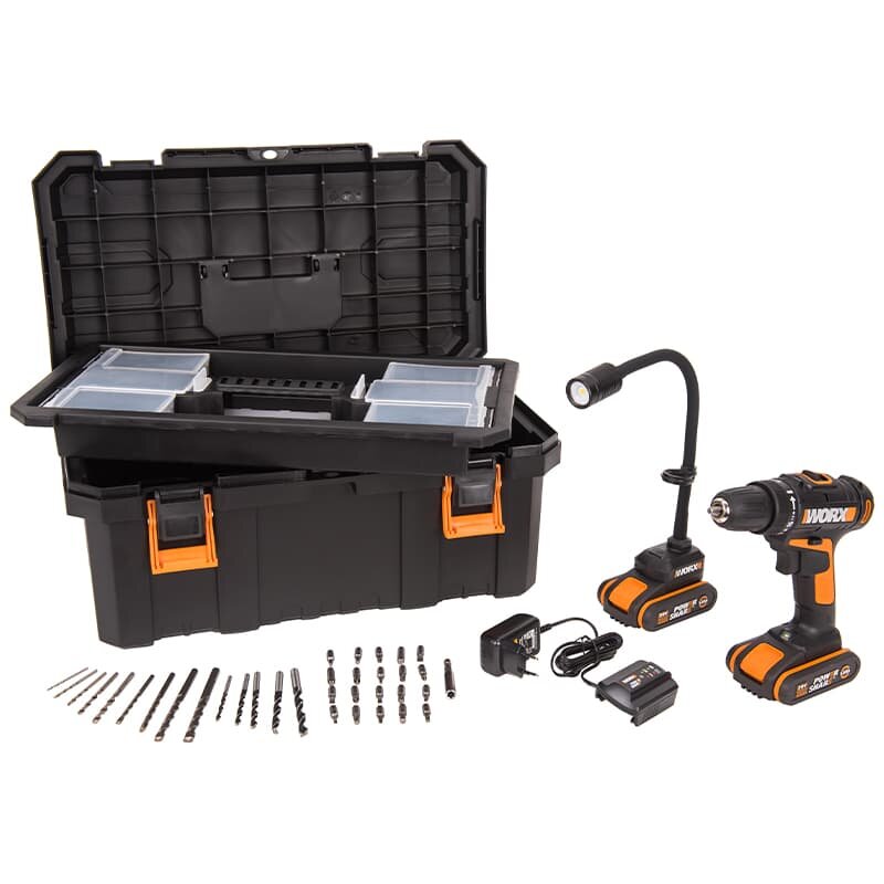 Аккумуляторный набор WORX WX977: дрель-шуруповерт WORX WX101 20V 30Нм + гибкий фонарь WORX WX028 20V 300лм