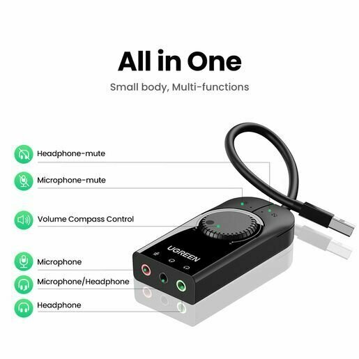 Звуковая карта UGREEN внешняя USB External Stereo Sound Adapter. Длина: 15 см. Цвет: черный - фото №7