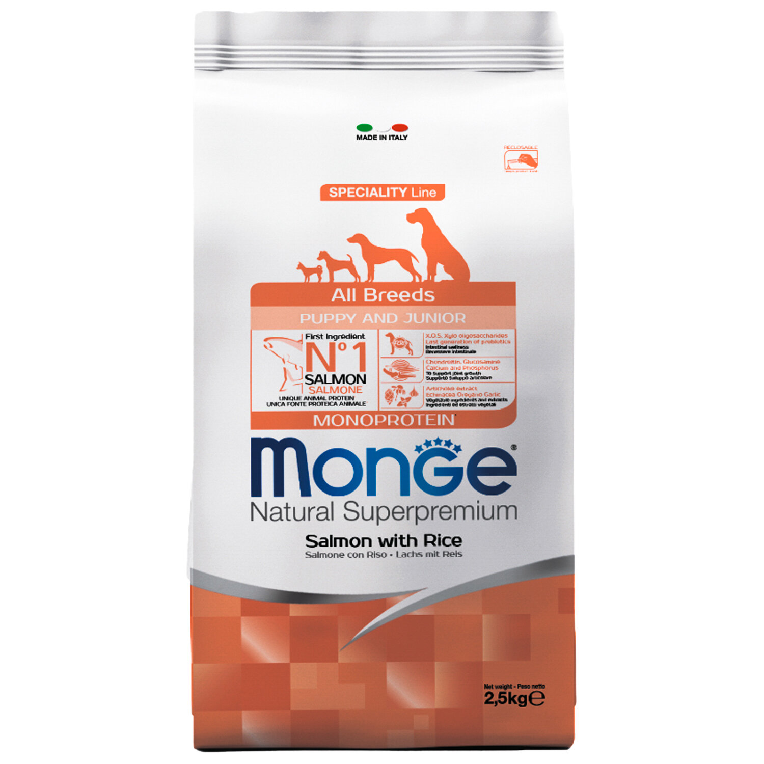 Сухой корм для щенков всех пород Monge Dog Speciality Line Monoprotein Puppy&Junior из мяса лосося с рисом 2,5 кг.