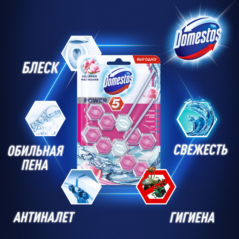 Блок для унитаза Domestos POWER 5 DUO Ледяная магнолия 2х55гр на блистере - фотография № 15