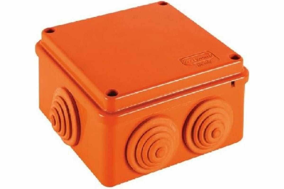 Огнестойкая коробка Экопласт JBS100 E110, о/п 100х100х55, 6 выходов, IP55, 5P, цвет оранжевый 43057HF