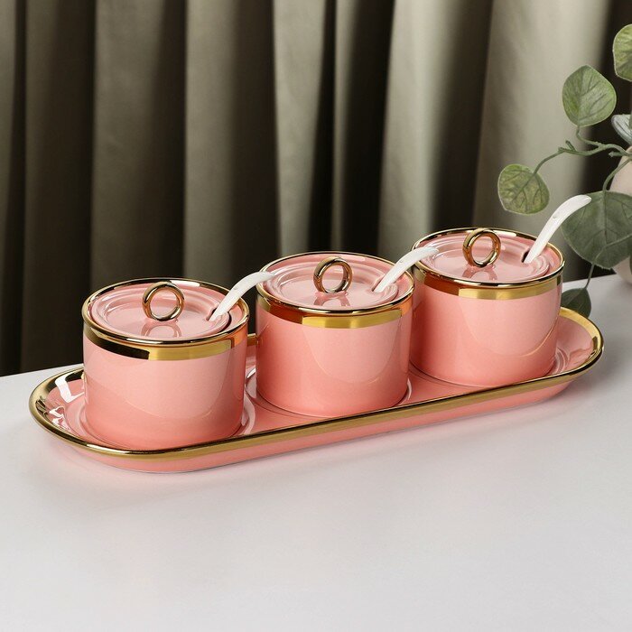Набор банок керамических с ложками на подставке «Акварель», 3 предмета: 220 мл, цвет розовый - фотография № 1