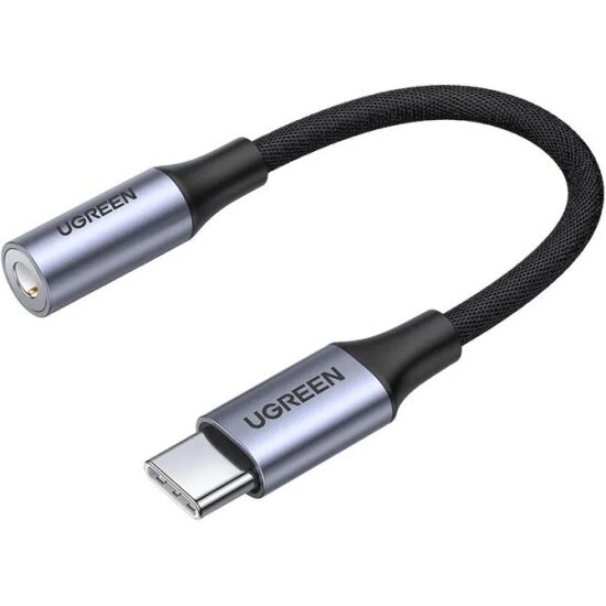 Аудиоадаптер Ugreen USB C - AUX Jack 3.5 мм (f) с чипом DAC (ЦАП) в оплетке цвет серый 10 см (80154)