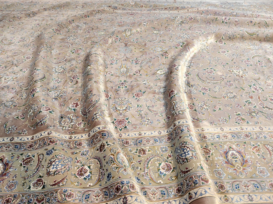 Персидский ковер 2,5 на 3,5 розово-кремовый, шерсть с шелком, современная классика - фотография № 7