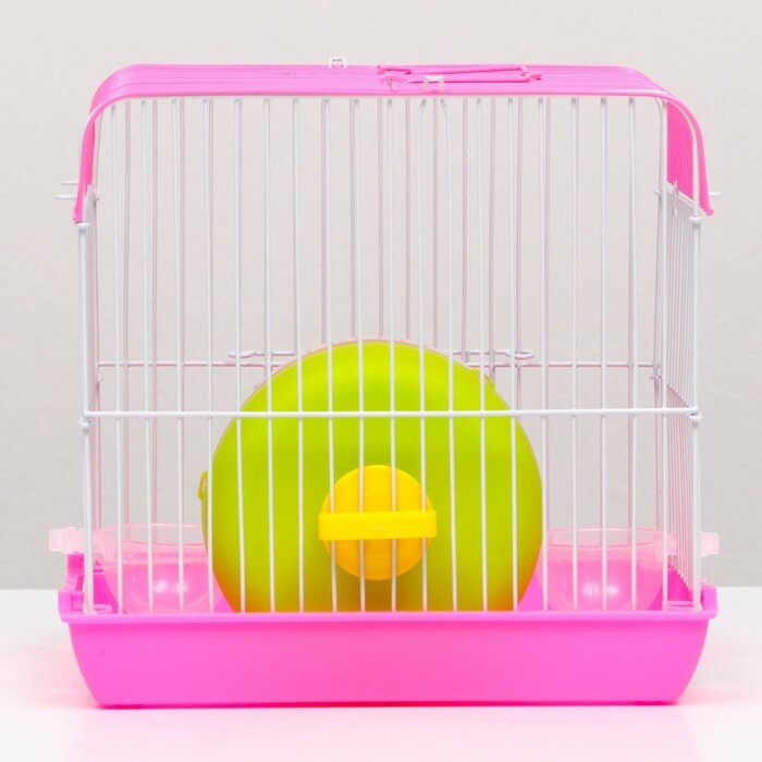Клетка для грызунов с колесом и поилками, 22 х 16 х 20 см, розовая - фотография № 3