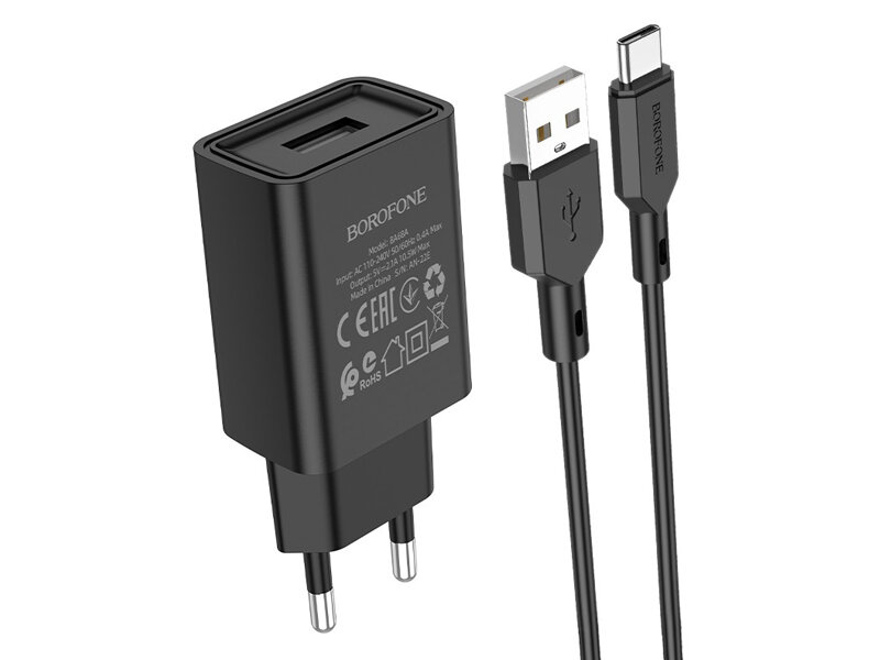Сетевое зарядное устройство c USB Borofone BA68A+Type-C черное 2.1A