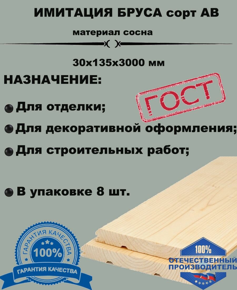 Пиломатериал из древесины хвойных пород (сосна) Имитация бруса 30х135х3000 массив сосны (комплект 8 шт)