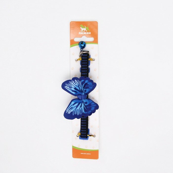Ошейник текстильный с бабочкой Пижон и бубенчиком, 30х1 см, синий - фотография № 4