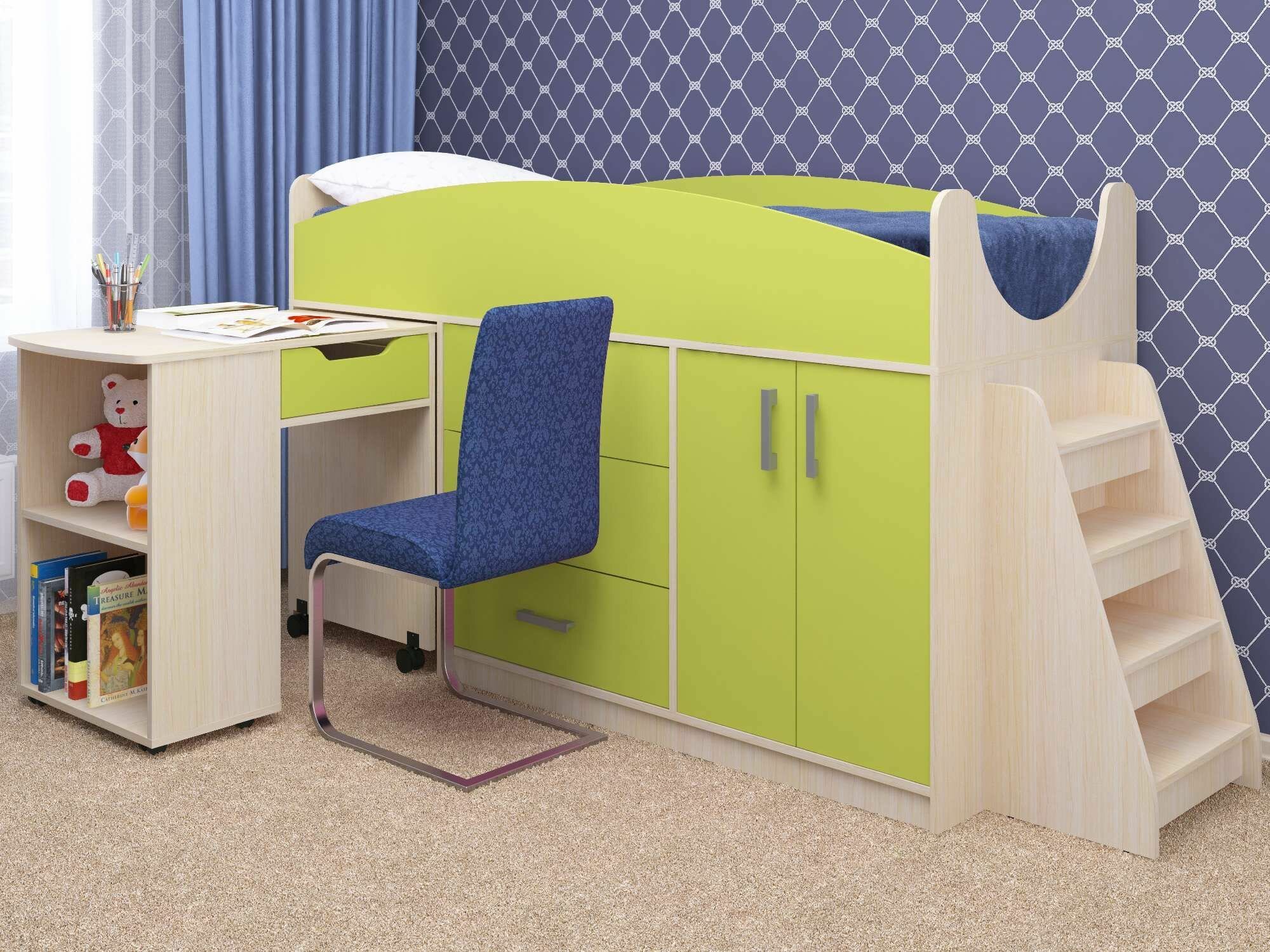 Кровать чердак "Рокси" детская с ящиками, столом, шкафчиком и лестницей