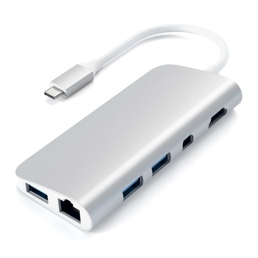 USB адаптер Satechi Aluminum Type-C Multimedia Adapter. Интерфейс USB-C. Порты USB Type-C Power Delivery (49W), 3хUSB 3.0, 4K HDMI (30Hz), 4K mini DisplayPort (30Hz), Gigabit Ethernet, micro/SD. Цвет серебряный