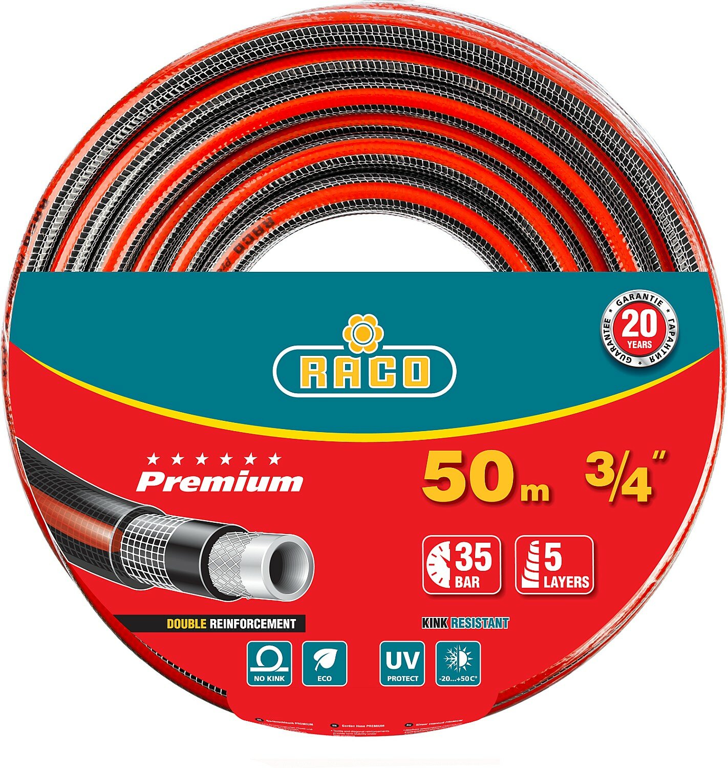 RACO PREMIUM 3/4″ 50 м, 35 атм, пятислойный, усиленный двумя слоями армирования, Поливочный шланг (40300-3/4-50) - фотография № 1