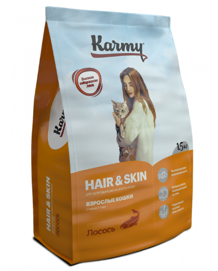 KARMY HAIR&SKIN корм для взрослых кошек старше 1 года, поддерживающий здоровье кожи и шерсти (Лосось) 10кг