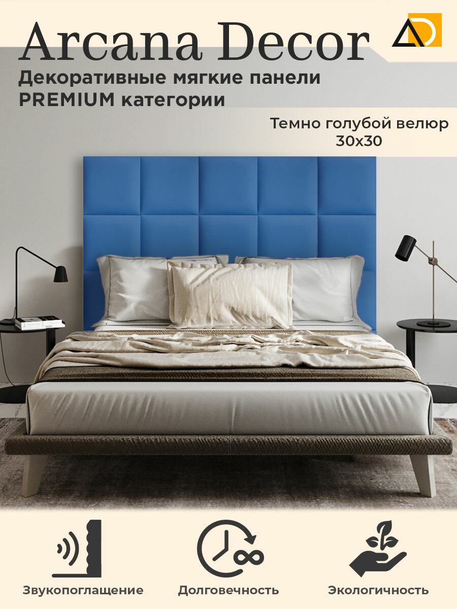 Изголовье для кровати /самоклеющаяся мягкая панель для стен / Квадрат (2шт) 30/30 темно голубой