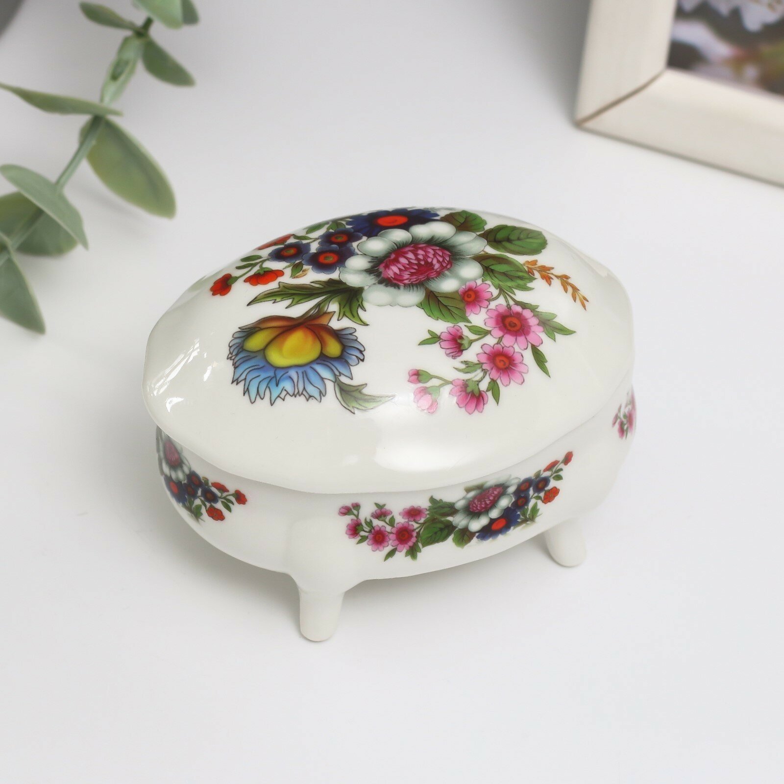 фото Шкатулка керамика на ножках "Букет цветов" 6,1х7,7х4,8 см 1шт.