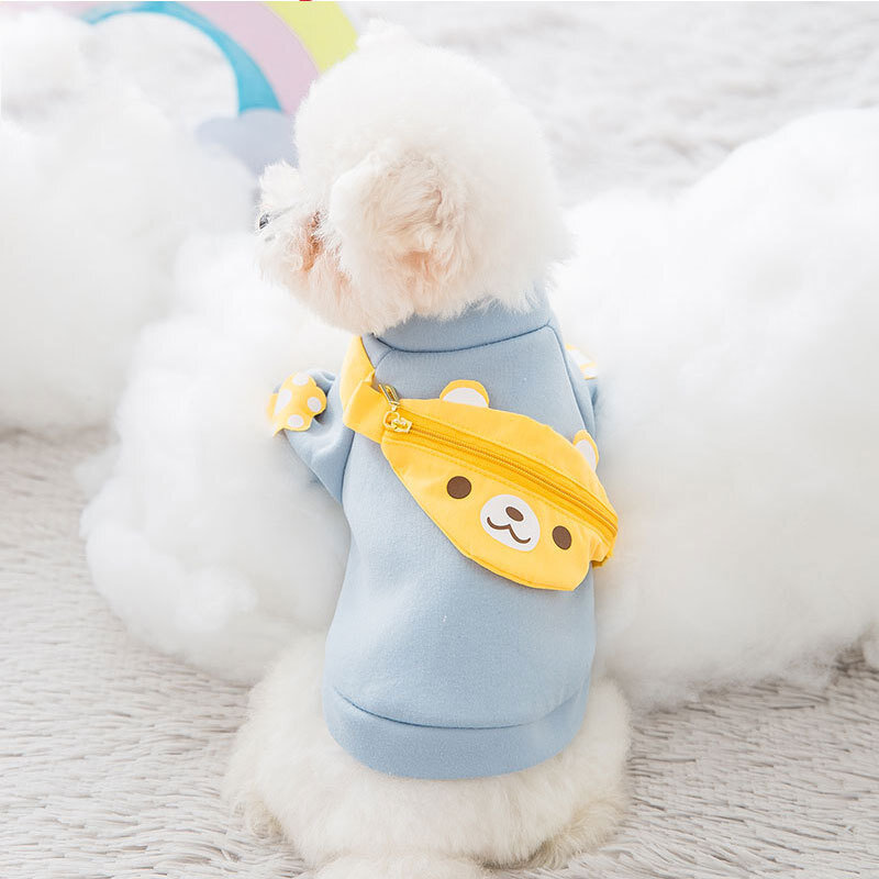 Одежда для собак теплый плюшевый свитер голубой с сумкой - M - фотография № 1