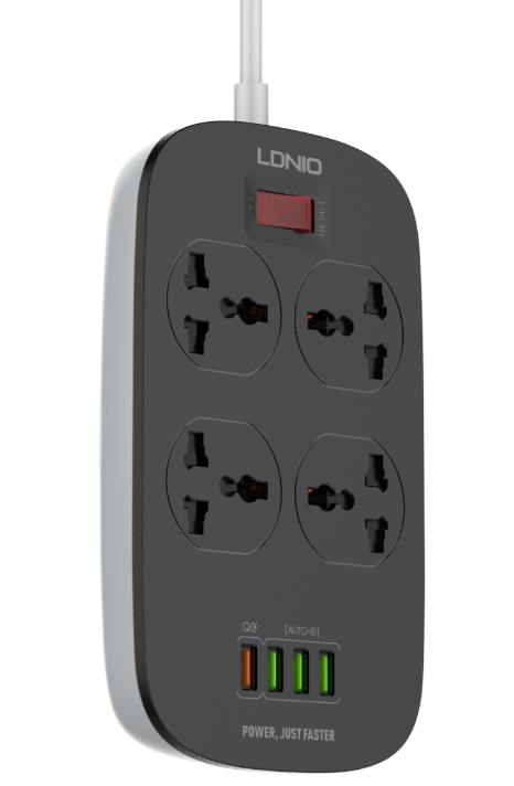LDNIO SC4407Q/ Сетевой фильтр 2м/ 4 розетки EU_UK_US/ 2500W/ 4 USB+QC 3.0/ Выкл. на розетки/ Black - фотография № 1