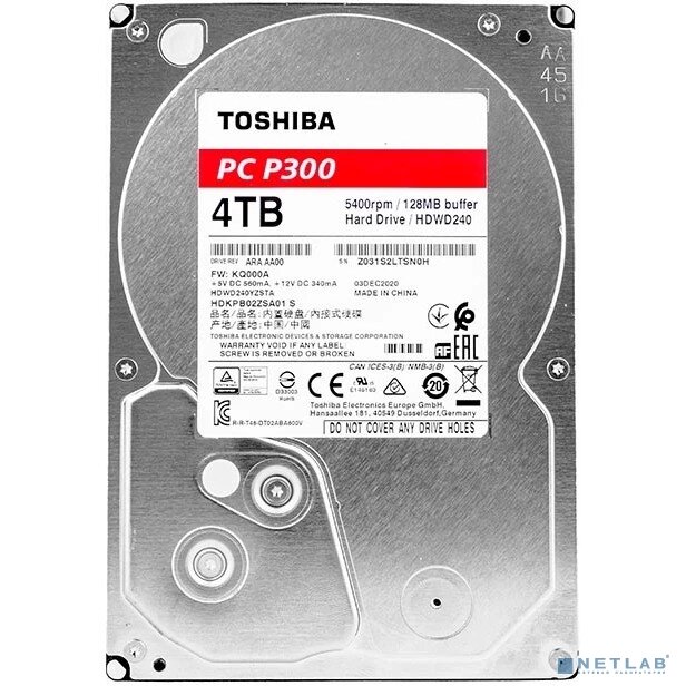 Toshiba Жесткий диск 4TB Toshiba P300 (HDWD240YZSTA) SATA 6.0Gb/s, 5400 rpm, 128Mb buffer, 3.5"