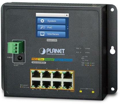 PLANET IP30, IPv6/IPv4, L2+ 8-Port 10/100/1000T 802.3at PoE + 2-Port 1G/2.5G SFP Wall-mount Managed Switch with LCD touch screen (-20~70 degrees C, du