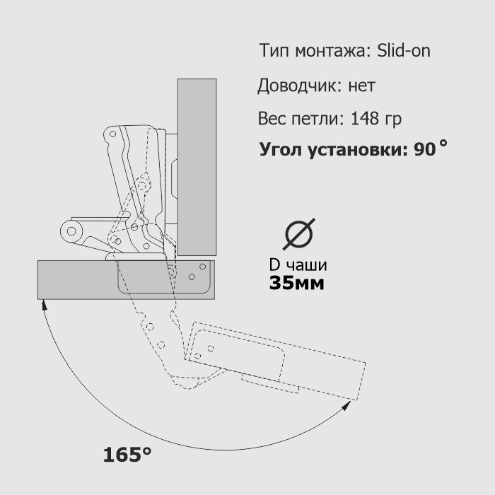 Петля мебельная угловая, трансформер 8-шарнирная `SANBERG` Slide-on (ник) 165 градусов d=35мм - фотография № 2