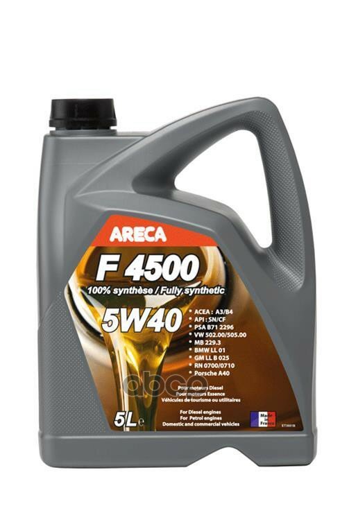 Areca Areca F4500 Essence 5W40 (5L)_Масло Мот!Синтacea A3/B4,Api Sn/Cf,Vw502/505,Mb229.3/226.5,Jaso Ma2