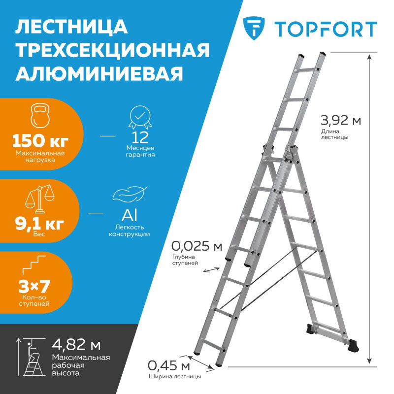 Лестница трехсекционная алюминиевая 3х7 ступеней TOPFORT - фотография № 2