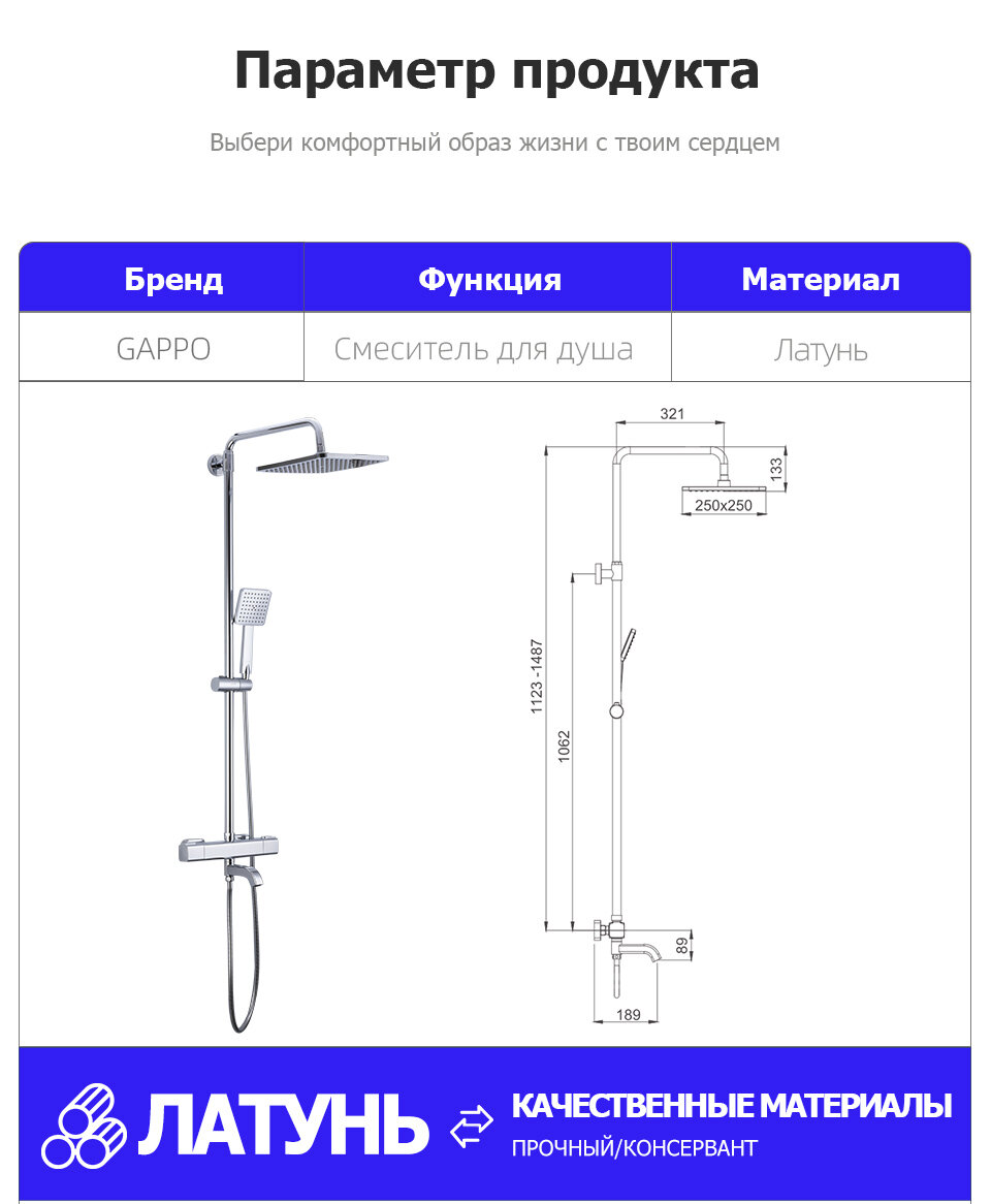 GAPPO термостатический смеситель для душа с водопадом GA2491 +смеситель для кухни Y40107 - фотография № 13