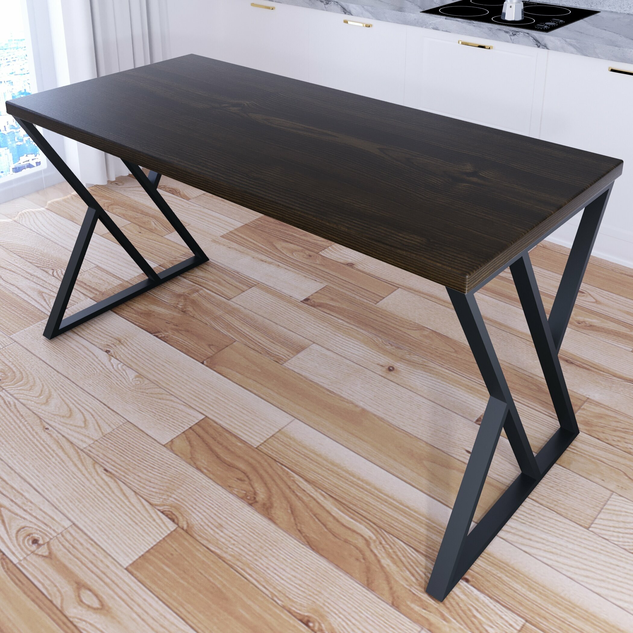 Стол кухонный Loft со столешницей цвета темного дуба из массива сосны 40 мм и черными металлическими Z-образными ножками, 140х80х75 см