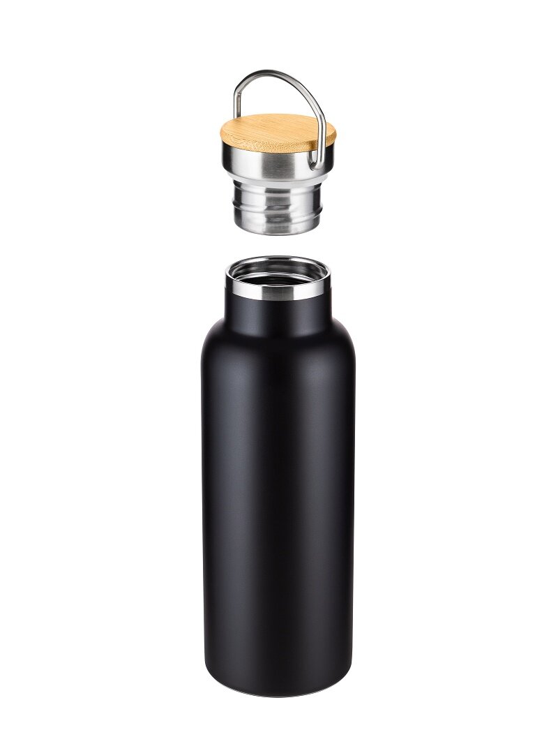 Бутылка вакуумная Diolex DXB-500-2BL из нержавеющей стали с крышкой из бамбука,черная 500 мл