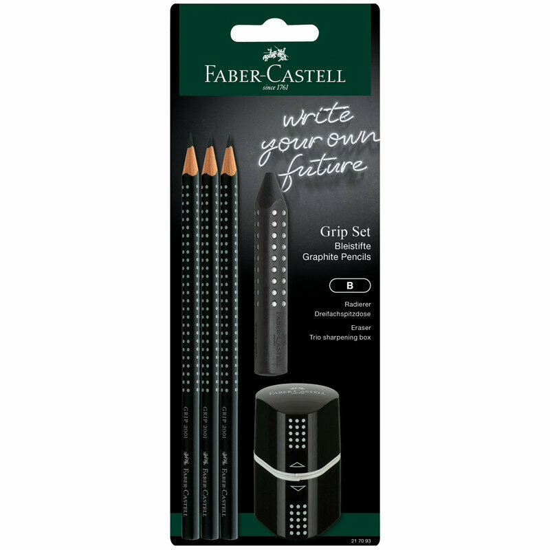 Набор карандашей ч/г Faber-Castell "Grip 2001" 3шт., трехран., заточен., ластик, точилка, черный блистер, 319099