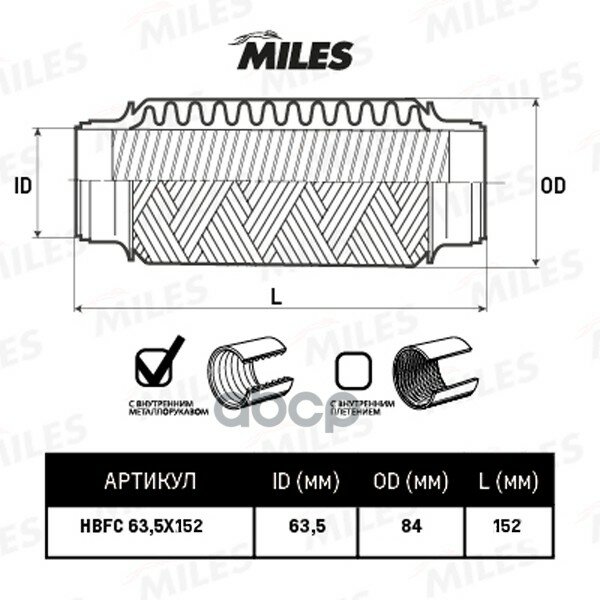 Труба Гофрированная (Гофра) Внутренним Металлорукавом 63.5X152 Hbfc63.5x152 Miles арт. HBFC635X152