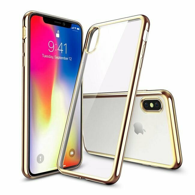Силиконовый прозрачный чехол для iPhone X, Silicone Case, золотой