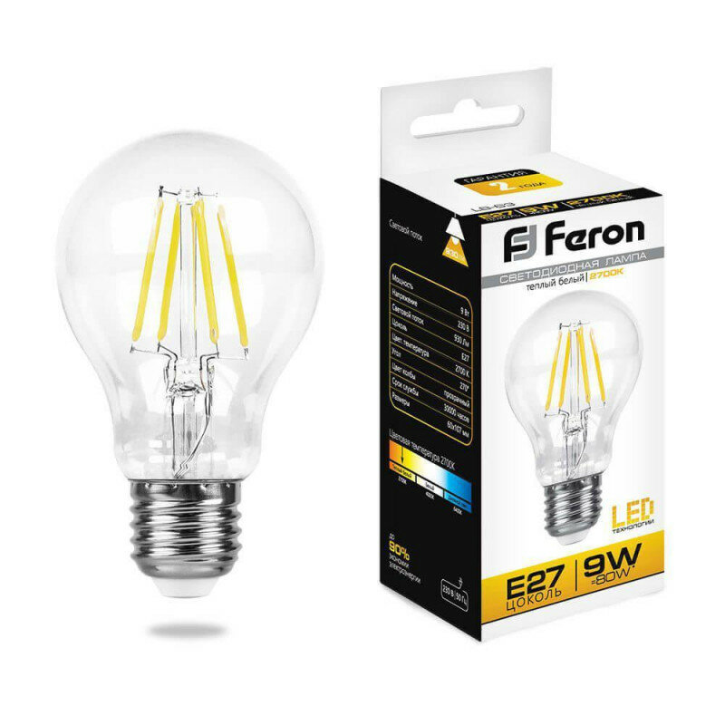 Feron LB-63 Лампа светодиодная филамент, A60 (шар), 9W 230V E27 2700К 1 шт.