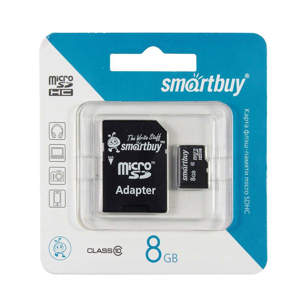 Карта памяти MicroSDHC + SD адаптер 8 GB Class10 Smartbuy (SDC10/8GB)