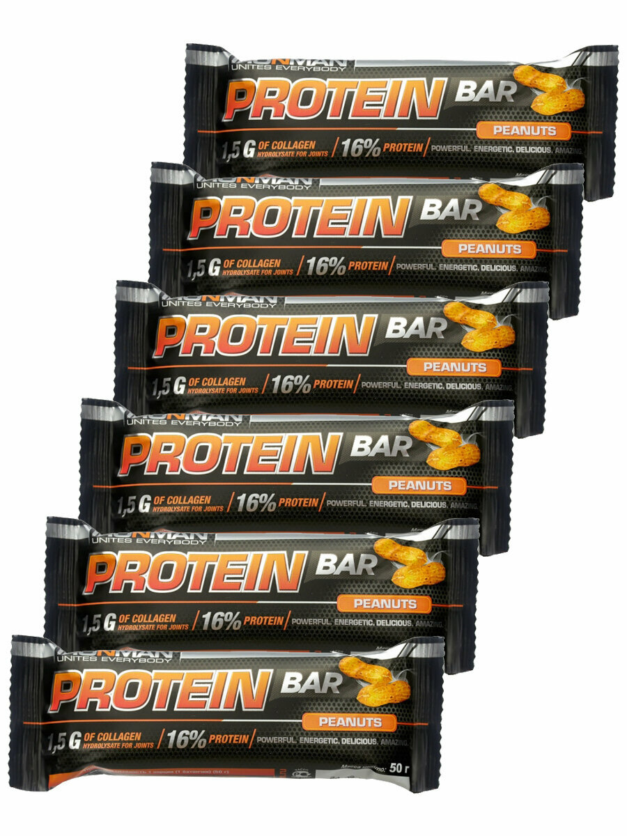 Ironman Protein bar с Коллагеном (Орех) 6х50г / Протеиновый батончик в шоколаде для набора мышечной массы женщин и мужчин