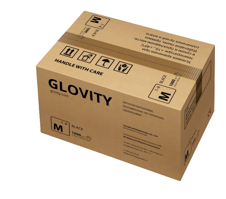 Коробка перчаток GLOVITY из нитрила 1000 штук 10 упаковок по 100 перчаток (чёрные размер М) - фотография № 1